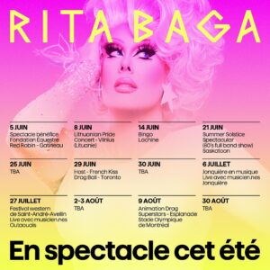 Rita Baga Instagram - Plein de beaux et grands spectacles cet été, dont quelques surprises! Plus de détails sur mon site internet. Hâte de vous voir ⚡️

Big and fun shows coming up this summer, details on my website.

See you soon ❤️