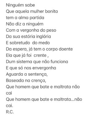 Rita Cruz Instagram - “ A violência é cada vez mais violenta “Título de uma notícia do dia de hoje, dia 8 de março de 2024, no Instagram do Expresso :
“Em três anos,  o número de vítimas ultrapassou os 31 mil . Vítimas são maioritariamente mulheres .”

E ainda  perguntam porque é que precisamos do dia da mulher? 

Nós só queremos ser livres , não queremos ter coragem. 
Dia 8 de Março - Dia da Mulher !