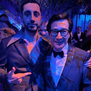 Riz Ahmed Instagram - It was a good one this year, wasn’t it?

Shout out to the Daniel’s for changing the game, and @kehuyquan who I watched endlessly in Goonies and Temple of Doom as a kid - ahead of his time back then, and now back to claim his rightful place. 

Styling - @julieragolia
Hair - @michaelduenas
Clothes - @prada & @vacheronconstantin

Photos: @gettyentertainment