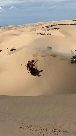 Robby Gordon Instagram - And here is what took @madmaxgordon out of the final at the Red Bull Sand Scramble 🤦🏻‍♂️😳🙃 we learned a lot and the positive side is he walked away with no injuries and the roll cage was all in tact I will post a video if the car on the trailer in a few hours. And do a live walk around showing all the damage. @speedutv 

The cars we raced were  production Bandits with the beds off and on E85 they haul in the sand. Weight is everything and our cars are heavier than a Polaris or Can Am but they are safe……