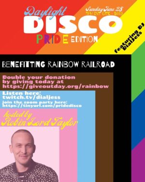 Robin Lord Taylor Instagram - TODAY!
I’m hosting a Pride Daylight Disco benefiting @rainbowrailroad! 3-5 EST! @dialjess is our gawgeous DJ! Matching donations—link in bio! See you this afternoon! ❤️🏳️‍🌈❤️