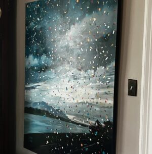 Rochelle Redfield Instagram - I’ve been spending a few days with some furry friends where my first confetti skies painting resides. Much water has flowed under the Kingston/Rhinecliff and Rip Van Winkle bridges ( this spot in the painting is about half ways between )since then. “Days of stormy optimism “  is the sub title of the show that took place at Murray’s cafe, which Covid sadly closed permanently.  I’ve been commissioned several times for confetti skies paintings set at various places around the globe but this very first one, against a storm lifting over the Hudson, resonates with how I was feeling at the time and makes me ask myself if my optimism is dwindling amidst the horrors we are witnessing everyday, and what role art can possibly play.  I’m proud of this piece, and happy that it lives with cherished friends. If anything, it has been witness to many gatherings of people who are dear to one another. And that connection with community is the richest source of optimism to weather the storms.  #confettiskies #strongertogether
#stormyoptimism 
#hudsonvalley #peacenow