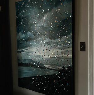 Rochelle Redfield Instagram - I’ve been spending a few days with some furry friends where my first confetti skies painting resides. Much water has flowed under the Kingston/Rhinecliff and Rip Van Winkle bridges ( this spot in the painting is about half ways between )since then. “Days of stormy optimism “  is the sub title of the show that took place at Murray’s cafe, which Covid sadly closed permanently.  I’ve been commissioned several times for confetti skies paintings set at various places around the globe but this very first one, against a storm lifting over the Hudson, resonates with how I was feeling at the time and makes me ask myself if my optimism is dwindling amidst the horrors we are witnessing everyday, and what role art can possibly play.  I’m proud of this piece, and happy that it lives with cherished friends. If anything, it has been witness to many gatherings of people who are dear to one another. And that connection with community is the richest source of optimism to weather the storms.  #confettiskies #strongertogether
#stormyoptimism 
#hudsonvalley #peacenow