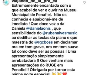 Rodrigo Guedes de Carvalho Instagram - Noite emocionante. Muito obrigado, Penafiel. Pelo ambiente no maravilhoso museu e pelas mensagens que nos vão chegando. @ruge.2020 @municipio.penafiel @fproducao @danielaonis @rubenalvesmusic