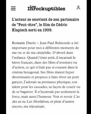 Romain Duris Instagram - Merci Jean-Paul ❤️❤️❤️. https://www.lesinrocks.com/cinema/romain-duris-a-propos-de-belmondo-son-sourire-avait-garde-cette-force-intacte-de-rayonnement-407122-06-09-2021/ @lesinrocks @jean_marc_lalanne
