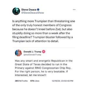 Ron DeSantis Instagram - While @chiproytx is fighting to do what Donald Trump promised to do—secure our southern border—the former president is on social media demanding a primary challenge to one of the most conservative members of Congress (even though the Texas primary filing deadline was over a week ago.)

I stand with Chip and am honored to have his support. The time for talking is over. We must stop the invasion, and I will get it done.