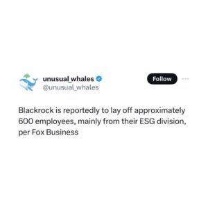 Ron DeSantis Instagram - I’m proud to have taken strong action in Florida against Blackrock and the radical ESG agenda.

Nikki Haley’s supporter, Larry Fink, should get his company back to the basics — not push divisive DEI initiatives or ESG.

Because DEI and ESG are dead on arrival under my presidency.