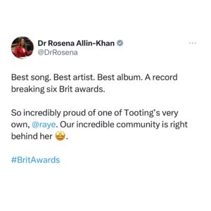 Rosena Allin-Khan Instagram - Huge congratulations to @raye on a record breaking SIX Brit awards. #britawards #raye #britawards2024 #tooting
