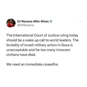 Rosena Allin-Khan Instagram - The fact that South Africa had to lead on this, devastates me. Of course I am grateful but the fact that our leaders have been silent, shames me. With every brutal murder, parents cry and beg for peace. With the backing of the International Court of Justice, world leaders must now get some backbone and call on Netanyahu to end this horrific bloodshed against innocent civilians in Gaza. 

We need an immediate ceasefire now.