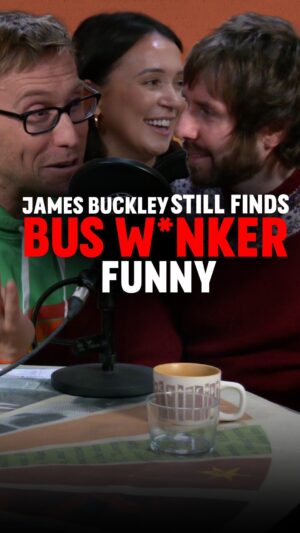 Russell Howard Instagram - James Buckley (AKA Jay from The Inbetweeners) STILL finds the funny side of Bus W*nker, and looks like he’s going to for a very long time… 

Brand new Wonderbox episode with @clairbuckley and @buxtagram is out NOW!