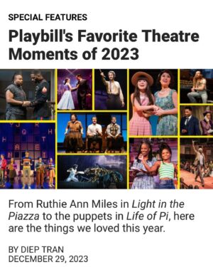 Ruthie Ann Miles Instagram - . . . . .  @dieptimes  Wow. Thank you. again, for your sensitivity and thoughtfulness in our 1st interview. for being so present with me, in person, of course, 
(that’s a lot of commas in one sentence, geez, Jon.) 
but apparently (#comma ?) also so engaged with whatever it is I’m doing on a stage. 
That honors my work and I’m humbled by that. 💛

But here, in this. <bigcryface>
thank you for seeing me. seeing us. 

Reader, this article is one of my @playbill favorites ever.

Look at these subjects! : This year’s historic Tony wins. Neurodivergence!!! Major wins for minorities. Standout performances, including my friend, honoring our playwrights, and more and more and more. 
And to your staff! Can I, like, come to a staff meeting? 
I’ll bring nosh? <prayhands>

These articles have bettered my year. Thank you for them. 

https://playbill.com/article/playbills-favorite-theatre-moments-of-2023