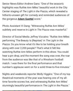 Ruthie Ann Miles Instagram - . . . . .  @dieptimes  Wow. Thank you. again, for your sensitivity and thoughtfulness in our 1st interview. for being so present with me, in person, of course, 
(that’s a lot of commas in one sentence, geez, Jon.) 
but apparently (#comma ?) also so engaged with whatever it is I’m doing on a stage. 
That honors my work and I’m humbled by that. 💛

But here, in this. <bigcryface>
thank you for seeing me. seeing us. 

Reader, this article is one of my @playbill favorites ever.

Look at these subjects! : This year’s historic Tony wins. Neurodivergence!!! Major wins for minorities. Standout performances, including my friend, honoring our playwrights, and more and more and more. 
And to your staff! Can I, like, come to a staff meeting? 
I’ll bring nosh? <prayhands>

These articles have bettered my year. Thank you for them. 

https://playbill.com/article/playbills-favorite-theatre-moments-of-2023