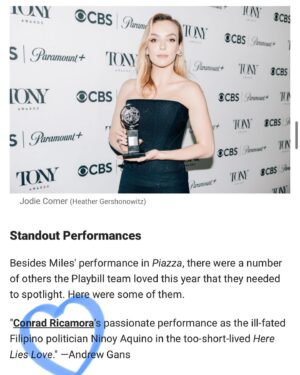 Ruthie Ann Miles Instagram - . . . . .  @dieptimes  Wow. Thank you. again, for your sensitivity and thoughtfulness in our 1st interview. for being so present with me, in person, of course, 
(that’s a lot of commas in one sentence, geez, Jon.) 
but apparently (#comma ?) also so engaged with whatever it is I’m doing on a stage. 
That honors my work and I’m humbled by that. 💛

But here, in this. <bigcryface>
thank you for seeing me. seeing us. 

Reader, this article is one of my @playbill favorites ever.

Look at these subjects! : This year’s historic Tony wins. Neurodivergence!!! Major wins for minorities. Standout performances, including my friend, honoring our playwrights, and more and more and more. 
And to your staff! Can I, like, come to a staff meeting? 
I’ll bring nosh? <prayhands>

These articles have bettered my year. Thank you for them. 

https://playbill.com/article/playbills-favorite-theatre-moments-of-2023
