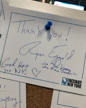 Ryan Eggold Instagram - I have never seen people in New York in a better mood than early morning on Easter Sunday in the Javitz Center getting their vaccine shot! Either they’re pumping laughing gas in through the vents... or people are SO excited to be over all this. There was so much joy being shared between strangers. Seriously it was dope :) I look forward to being on the other side of this and seeing people get back to their jobs their families their lives. Almost there 💛

PS this lovely nurse who shall remain nameless told me she enjoyed the tv shows which was nice. So I said let’s take a picture! She then told me I wasn’t allowed to take pictures... but she also told me she had some ‘papers’ she had to ‘look at’ over ‘there...’ Thank you mysterious rule bending nurse ;)