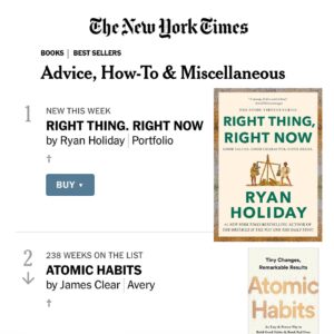 Ryan Holiday Instagram - Total surprise. I told my publisher five years ago when I started the series that this one would be the toughest sell. I’ll take it as a sign of encouragement about the world that a book about justice could debut at #1 NYT. So grateful to everyone for the support. Also congratulations in advance to @jamesclear for reclaiming it next week, I’m sure :)