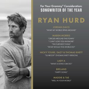 Ryan Hurd Instagram - Laura did it so I’m doing it too. Thanks to my team @bigmachinemusic and @houseof42_ for a great year. Also all of these artists for recording songs that i was blessed write with them. I also put out an album that I’m proud of that I think is submitted but no one sent me that graphic so cheers to all of you and have a killer week.