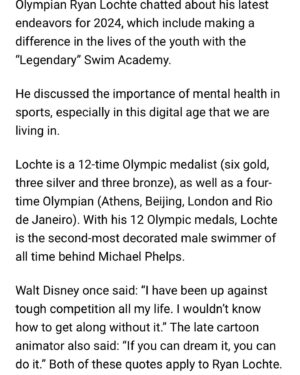 Ryan Lochte Instagram - Check out my latest interview with 12-time @olympics medalist @ryanlochte We talk @legendarybyrl @lifetime.nyc… Read the whole interview here: https://www.digitaljournal.com/life/olympian-ryan-lochte-talks-about-giving-back-mental-health-and-helping-the-youth/article