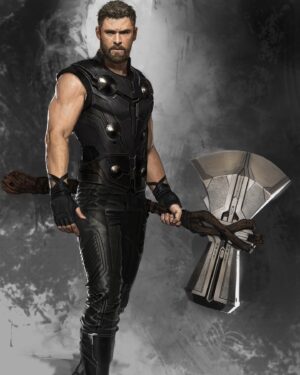 Ryan Meinerding Instagram - Thor from Avengers:  Infinity War!  This is most of my contribution to his look from the film, including his overall design, Stormbreaker, his eyepatch and his new eye.  All of these were done in preproduction and all the designs changed as they were brought to life by the different departments on the film.  Everyone did such an incredible job, and @chrishemsworth is amazing!  A polished model of Stormbreaker was done by the amazing @adamwross