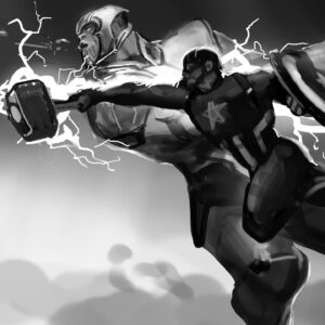 Ryan Meinerding Instagram - Keyframe rough of Cap vs Thanos from Avengers: Endgame.  It was so much fun sketching ideas for this fight.