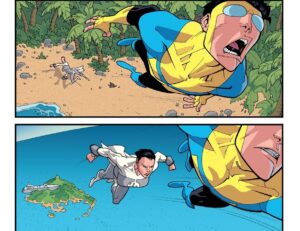 Ryan Ottley Instagram - Awwww yes. Anissa has finally arrived to the Invincible animated series. This part of the story is from issue 44. From 2007. At this point we were slamming out monthly issues on a consistent basis, Invincible was my everyday life since the first year it debuted in 2003, I took up the mantle as new artist at the end of that year with issue 8. So by 2007 I was a few years in and absolutely loving the script I’m getting from Robert every month. Robert wanted a new Viltrumite lady with short black hair and big boobs 😂, I did the best I could to create a new design and new sea monster creatures to kill. The thing I hated most was drawing that cruise ship, what a pain in the ass! But I figured it out. The thing I didn’t figure out, was female anatomy! I do look back at this old art and wish I studied female anatomy more at the time. I drew boobs like basketballs. Come on, Ottley! Study harder! He’ll get a little better, give him time. 😜 One thing I like about Robert’s scripts was how he wanted me to draw pacing, look at the last pic here, Anissa punches Mark, next panel Mark is super far away from the zoomed out island and Anissa is already caught up. He wanted me to portray Viltrumite speed and strength in this way, and it worked great! I also love the changes from the comic to the show. Having Amber there instead of Debbie was a good idea to tie things together quicker. I love that Robert is using the show as a second draft and tightening things up. Hope you liked the episode! Finale next week!