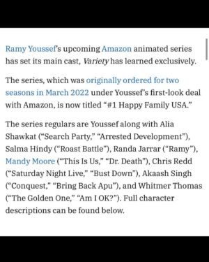 Salma Hindy Instagram - BIG NEWS 🥹♥️

Extremely elated, ecstatic and every level of excited to join this incredible cast on @ramy’s new adult animated series “#1 Happy Family USA” which is about a young Muslim boy growing up in Jersey whose whole life changes when 9/11 happens. An experience so specific and life defining for Muslims in the West. Coming to @primevideo v soooon illustrated by the flawless @monachalabi and written by the funniest humans I’ve EVER met- I can’t wait for you all to see 🤍

AND YES THAT IS ME UNDER MANDY MOORE
WHAT IS LIFE
Sorry teenager me can’t come to the phone right now? Why? Oh Cuz she’s binging a Walk to Remember for the 800th time. BYE.