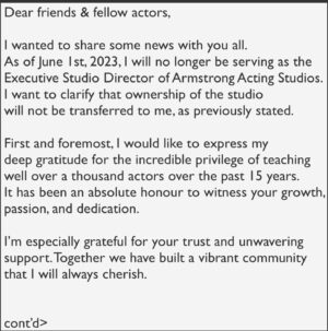 Salvatore Antonio Instagram - Announcement regarding my resignation from Armstrong Acting Studios. 
.
.
#armstrongactingstudios