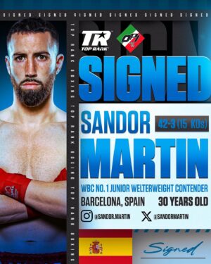 Sandor Martin Instagram - 𝐉𝐔𝐒𝐓 𝐒𝐈𝐆𝐍𝐄𝐃 🖊️

WBC No. 1 Junior Welterweight contender @Sandor.Martin has signed a multi-fight co-promotional pact with #TopRank 🇪🇸