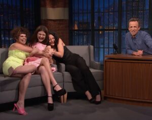 Sandy Honig Instagram - we went on the teevee!!!! thank you @latenightseth for having us ⚡️👩‍👩‍👧⚡️

styling @lindseyhartman makeup @valerie_f_carney hair @_marcosantini1 😌