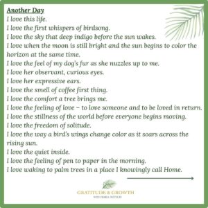 Sara Mitich Instagram - A lot of people ask me how to find more gratitude in their life. This is something I will get into more on the podcast, but I wanted to share one way I do it. 
 
Most mornings I am usually up about an hour before the sun rises. It’s my favourite time of day. I sit outside (when I can) and I sip my coffee and put pen to paper. I start with at least 10 things I am grateful for and why I am grateful for them, and then let it go from there. Some days it turns into pages and pages of gratitude, other days it’s writing out my anxiety, other days it turns into poems/writings (I’m not sure what to call them if I’m being honest) that flow out of me. This came to me this morning. I call it “Another Day”.
 
My secret to finding more gratitude is to really SEE the beauty in life. In every moment. No matter what is going on in the world or in life, I have learned there is always something to be grateful for. From that sip of coffee to feeling the bubbles over my hands when I wash the dishes to resting my hands on the steering wheel of my car.
 
I call it: Finding Magic in the Mundane. 
 
When you do that – your life changes. Gratitude doesn’t have to be precious. It doesn’t have to be saved only for “special” moments. I fill my mornings with as much gratitude for life as I can. Even on the “bad” days (especially on those days). You don’t have to be an early riser like me, some people just aren’t. But filling your morning with gratitude sets your whole day on fire. Trust me on that one 🌟

Episode 2 of the podcast introduces many ways to start infusing Gratitude into your life. Take a listen — all the links are in my bio.
 
Grateful for you all,
S💚