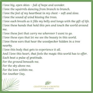 Sara Mitich Instagram - A lot of people ask me how to find more gratitude in their life. This is something I will get into more on the podcast, but I wanted to share one way I do it. 
 
Most mornings I am usually up about an hour before the sun rises. It’s my favourite time of day. I sit outside (when I can) and I sip my coffee and put pen to paper. I start with at least 10 things I am grateful for and why I am grateful for them, and then let it go from there. Some days it turns into pages and pages of gratitude, other days it’s writing out my anxiety, other days it turns into poems/writings (I’m not sure what to call them if I’m being honest) that flow out of me. This came to me this morning. I call it “Another Day”.
 
My secret to finding more gratitude is to really SEE the beauty in life. In every moment. No matter what is going on in the world or in life, I have learned there is always something to be grateful for. From that sip of coffee to feeling the bubbles over my hands when I wash the dishes to resting my hands on the steering wheel of my car.
 
I call it: Finding Magic in the Mundane. 
 
When you do that – your life changes. Gratitude doesn’t have to be precious. It doesn’t have to be saved only for “special” moments. I fill my mornings with as much gratitude for life as I can. Even on the “bad” days (especially on those days). You don’t have to be an early riser like me, some people just aren’t. But filling your morning with gratitude sets your whole day on fire. Trust me on that one 🌟

Episode 2 of the podcast introduces many ways to start infusing Gratitude into your life. Take a listen — all the links are in my bio.
 
Grateful for you all,
S💚