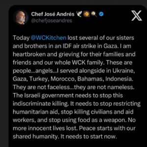 Sarah Alami Instagram - We are all mourning. Those of us who can’t stand seeing innocent people being killed and not trying to come up with justifications and excuses for it. @chefjoseandres wckitchen #genocide #gaza #ethniccleansing