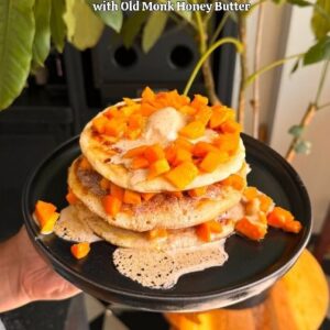 Saransh Goila Instagram - 🎂😍🥭 It's my butter half @divssrao ka birthday so made these Malai Paneer Pancakes with Old Monk Honey Butter for her because she misses Ricotta Hotcakes from Granger and Co in London (her absolute favourite breakfast) My love language as you can clearly see if most of the times shared through cooking :) Happy Happy Birthday Divssrao, you make this life absolutely wow! 
.
.
Malai Paneer Hot cakes 

To make the burnt honey old monk butter 

1 cup Salted butter 
Cook till the milk solids start burning 
Add to a bowl over ice 
1/4 cup Honey 
Beat it well 
till light & fluffy 
Look at that 😮‍💨🤤
Have a shot of old monk first 😎😮‍💨🤤
Add 60ml to the butter 
& mix well 
Look that 😮‍💨🤌🏻
Crack 6 eggs 
To the yolks 
1 cup Dahi 
1 cup Malai, crumbled 
A few drops of vanilla extract 
1/2 cup Sugar 
& mix everything well
1 cup Maida 
1/2 tsp Baking powder 
Mix well 
Fold into the egg yolk mixing 

Zest of 1/2 a lemon 
6 Egg whites 
Beat till light & airy 
Whilst adding 1/4 cup sugar little by little 
Do this at your own risk! 💀😂
Fold the egg whites into the yolk mix 
lightly 

Pour a ladle full of the batter 
onto a greased hot tawa
Cover & cook till puffed 
Lightly flip it & 
cook till golden from both the sides 

Place a pancake on a plate 
Generously spread the old monk butter 
Top it off with mangoes 
Repeat the steps 

Happy Birthday Divya ❤️✨

Delishaaas 🤌🏻❤️