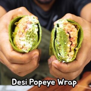 Saransh Goila Instagram - Episode 12 of Feels Wale Meals is here! Your lunch is going to be green and super Delishaaas as you try this Desi Popeye Wrap or Meal Roll as I like to call it at home. It's a fab combination of greens, millet and chickpeas! Will you try this roll at home? 
.
.
Desi Popeye Wrap 

Blanch 3 bundles of spinach 
Shock it in ice cold water 
& blend into a smooth purée 
Divide in two parts 

1 1/2 cup Whole wheat flour 
1/2 cup Spinach purée 
Knead into a soft dough 

Kebab

2 tsp Ghee 
1/2 tsp Jeera 
1/2 tsp Mustard seeds 
1 inch Ginger, chopped 
1/2 tbsp Garlic, chopped 
1 Green chili, chopped 
1 Onion, chopped 
Sauté till translucent
A handful of Cashews, chopped 
2 tbsp Besan
Mix well 
1/2 cup Spinach purée 
Mix well 
Salt to taste 
1 tsp Garam masala powder 
1 tsp Red chili powder 
1 tsp Chaat masala powder 
1/4 tsp Cardamom powder 
1 tsp Coriander powder 
Mix well 

1 cup Boiled chana 
Mix well & mash everything 
Look at that 🤌🏻😮‍💨

Cool the mixture down 
& form into tikkis 
Pan fry the tikkis 
till GBC from both the sides 🤌🏻🔥

Roll rotis out of the spinach dough 

& cook on a tawa till golden 

1 cup Cooked millet 
1/4 cup Tomato chutney 
Mix well 

Spread some millet 
Kachumber 
Add the tikkis 
Spread mint raita 
Roll it tight 

Cut 

Delishaaas 🤌🏻😮‍💨🔥
