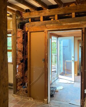 Sasha Frolova Instagram - Progress report:
The most daunting, challenging room in the house is by far the kitchen. Simultaneously the hearth of the home and a huge priority to make a safe, cozy room for creating, consuming and keeping company. Everyone suggested we drywall over the drywall but the old drywall had a crazy joint compound texture highlighted by grease and smoke to the point where you could tell where artwork used to hang in the room. We started by ripping the drywall out with an oscillating saw and a crowbar. Mouse poop and dust showering upon us. Mind you, before we had a working shower of the water variety. 
In this process we found original beams behind the drop ceiling! Beams, beams, beams! So we had to take the extra time to reveal those. Once the drywall was all removed we fogged the room with mold spray, filled any holes with mouse spray foam (found in the garden section at Home Depot), new rock wool insulation, and mold resistant drywall. We wanted to highlight some of the beautiful wood work we found in the walls when we demoed them so we made these three little cubbies that were already ‘framed out’. 

As for the appliances, even though I tried desperately to keep the refrigerator to spite everyone, even washed it in the stream before we had running water, it had to go. Hot tip: don’t pay someone to get rid of your fridge! Refrigerators are not allowed at dumps because of the coolant. Find a metal recycling plant and they will buy your fridge for a few bucks based on the weight. Dishwasher was broken. The oven was and is so grease caked but it’s Viking and I’m still trying to save her. My first attempt at cleaning the mysterious 1.5 inch thick goop in the burner trays I found a dead mouse stuck and nearly had to bring a feinting couch over for myself while I scooped it out with my five in one tool. 

The walls and my cracked fingers are now getting a layer of hydrated lime and sand at a 1:3 ratio and then a finishing coat at 1:1. We also framed out a couple of decorative cubbies using an oscillating saw, cut up pieces of paint mixing sticks, joint compound and scrap drywall. 

Onwards and upwards, 2024 ✨thank you for your love and patience @erinwolfmommsen