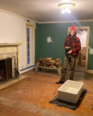 Sasha Frolova Instagram - Dedicated to ‘Before’
Before you actually know what you’re doing and before the fruits of your efforts are validated in finality.
This fireplace room is our winter salvation and a reason to collect more sticks, which has become my new favorite ex city girl hobby. 

For the renovation journey memoir- when we moved in the wall was soft behind the mantle and there were a few spots where the drywall was kicked in like someone got angry in steel toe boots. Remediation included removing old drywall, cleaning out a lot of mouse poop, reinsulating, painting interior cavity with Kilz for mold resistance, and mounting new drywall. Then many many layers of joint compound, paper tape on the seams and sanding to get the wall smooth and flush. Then I primed the new drywall and joint compound with PVA so it would be paint ready. 
For these projects, I learned how to do a butterfly drywall patch which is very useful for little holes that are too big for spackle! And it’s got a pretty name 🦋 I was really anxious about painting over the fireplace mantle because the wood is so delicate and I didn’t want to fill the details with paint but the wood had gotten very stained from what I like to imagine as excessive amounts of hookah and was splitting. So I used a teeny tiny art brush and the thinnest layer of paint I could apply… 

All I can say is goodbye teal fireplace room, it was nice to know you 🖖🏻