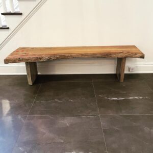 Scott Foley Instagram - Oak entryway bench. Latest project finished. Used part of a live oak slab that I brought from CA.  Through tenons for the solid slab legs. Filled checks with @totalboat 2 part epoxy and made bow ties from some Purple Heart courtesy of @urvi.ivru Adjustable rubber feet to make up for any measuring deficiencies I most likely made. Hand planed then used a card scraper and sanded to 150 grit, didn’t want to close up the pores. Finished with @rubiomonocoatusa oil plus 2C, oak. This thing is a beast, weighs about 200lbs.