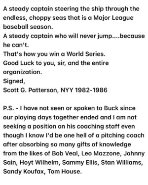 Scott Patterson Instagram - Why the New York Mets Should Hire Buck Showalter as Manager; An Open Letter To owner Steve Cohen - Nobody asked me to do this but here goes.... Buck Showalter and I were NY Yankee teammates at AA Nashville and AAA Columbus in the early to mid-80's so I got to know him…(Swipe left to read)
@mets 
#BuckShowalter #nymets