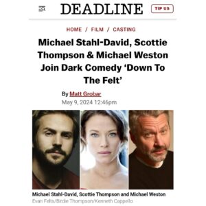 Scottie Thompson Instagram - In the best of company with this one. So thrilled to be in the comedy realm again, with all kinds of twists and turns of the heart. A wild ride @downtothefeltmovie with the most wonderful collaborators. 

Thank you to the amazing cast @michaelstahldavid @_michael_weston for your profound talent and to the wildly wonderful professional crew in Columbus. And to our fearless and fabulous director @thejonosbeck and writers @tripodisd and @theralphescott . And a special bow of gratitude to the immeasurable @realcullendouglas for your continued faith in me.