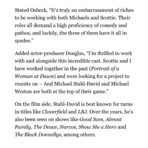 Scottie Thompson Instagram - In the best of company with this one. So thrilled to be in the comedy realm again, with all kinds of twists and turns of the heart. A wild ride @downtothefeltmovie with the most wonderful collaborators. 

Thank you to the amazing cast @michaelstahldavid @_michael_weston for your profound talent and to the wildly wonderful professional crew in Columbus. And to our fearless and fabulous director @thejonosbeck and writers @tripodisd and @theralphescott . And a special bow of gratitude to the immeasurable @realcullendouglas for your continued faith in me.