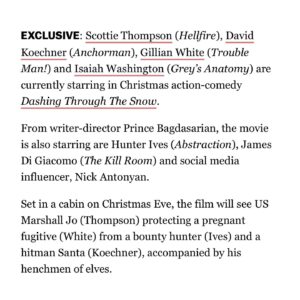 Scottie Thompson Instagram - Thrilled to be on board this Christmas comedy slay ride with such a phenomenally talented group. 
Thank you @princebagdasarian for directing our dashing adventure
@iamgillianwhite I couldn’t ask for a better partner with whom to tune my buddy comedy chops! And so great to be playing with @therealisaiahwashington @davidkoechner @actorjamesd @hunterives1 
Glad to be back at it with @yelaun 
🌟💚🌟
#deadline #christmas #indie #film