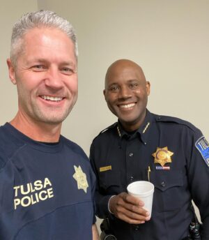 Sean Larkin Instagram - Meet my Chief.....and long time personal friend, Wendell.  Chief Franklin and I have been friends long before either of us were cops.  He and I went to college together.....during college I worked for Budweiser and delivered beer to the store he was the night manager at.....the two of us went through the police academy together....and we have worked in the same units throughout our career.  He went on to become the Chief and I didn’t lose my hair.  #winning #tulsa