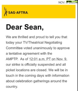Sean Ringgold Instagram - I’m extremely happy to share with everyone that the Actor’s strike is officially over. So looking forward to incredible things to come 🙏🏽 we appreciate all the love and support you guys have shown from day one.