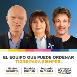 Segundo Cernadas Instagram - Junto a @patobullrich como presidente y @nestor.grindetti como gobernador somos los únicos que podemos ordenar Tigre y la provincia para siempre.
Tenemos un equipo compuesto de especialistas, técnicos, legisladores, personas con experiencia demostrable y coraje para administrar el desorden y el caos que va a dejar el kirchnerismo.
La oportunidad de hacerlo es en octubre porque en la provincia de Buenos Aires no hay segunda vuelta. #EsAhora y es para siempre.