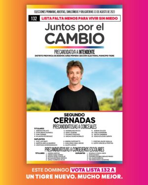 Segundo Cernadas Instagram - Quiero ser intendente para que juntos construyamos un Tigre nuevo, mucho mejor. 
Esta es la boleta que va a laburar y laburar para mejorarle la vida a los vecinos. Tenemos un plan con metas y obras concretas y realizables, un equipo de profesionales y la experiencia de un espacio político que sabe cómo mejorar y potenciar ciudades.

@juntostigre 
@juntasportigre 
@juvjxctigre