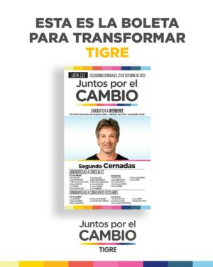 Segundo Cernadas Instagram - Esta es nuestra boleta. En Tigre no hay ballotage. Este domingo vos elegís entre el kirchnerismo o volver a tener un municipio que sea ejemplo en todo el país. Tenemos el equipo y la experiencia para que nos exijas mucho más de lo que hoy Tigre te da. Es tu momento de decidir. 

@juntostigre 
@juntasportigre 
@juvjxctigre