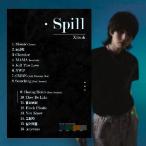 Seo Chul Goo Instagram - 🕕8.13 Thursday 6:00pm (KST)
[Spill] Tracklist

1. Mosaic (Intro)
2. 노나먹
3. Cherokee
4. MAMA Interlude
5. Kill This Love
6. NWP
7. CMRN (feat. Famous Dex)
8. Searching (feat. leanon)
9. Closing Hours (feat. leanon)
10. They Be Like
11. 흘려버려
12. Black Plastic
13. You Know
14. 그림자
15. 빌어먹을
16. Anyways

Photo shot by @novvkim 
Artwork by @allaboutwonderful