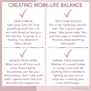 Serah D'Laine Instagram - How many hours are you working each day?
How do you take your weekends?
Do you have a Work-Life Balance?
.
If I had a dollar for everytime one of my clients saio “I need to balance my work   my business better”, I could just start another 401K with that extra $) 😂
Let’s just reframe this $*t real quick - your time is like your bank balance. You have to let energy flow but if you are debiting more than you are depositing, you go broke. That is the opposite of abundance mindset. 
So let this be your reminder, keeping a Work-Life balance is very important because it helps you: ✅ Take care of your Mental Health ✅ Ensure your whole wellbeing is fine ✅ Boosts productivity
And THAT means more business, better relationships   more happiness. 
Are your “buts” coming up right now? Real, real talk - there’s always gonna be something, babe   you are a bad*ss so you know that your success depends on you giving up that story. And I love you.
. You only have one life so live consciously. Ask “what would my future self would do now?” You know, the one with the “perfect” life you want.
.
📌 Save these hacks so you can create new, healthy neural-pathways for stepping into your highest self   skyrocketing your success with ease
.
.
FREE GUIDE for overthinking female entrepreneurs   executives 
“HOW TO STOP STUMBLING IN YOUR STILETTOS”
7 step plan to stop being so hard on yourself, get out of your head, get laser focused   get back on track to shattering your next glass ceiling.