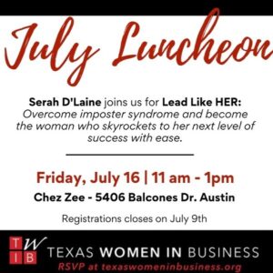 Serah D'Laine Instagram - L U N C H  X  L E A R N
.
You guys, I haven’t been this excited in a while.
*not gonna front - also nervous, even though I’ve spoke on stages of 200  it STILL gets my heart racing. 
.
I will be speaking at “Texas Women In Business” @twibatx Austin, July’s Lunch x Learn. Shout-out to the bad*ss, Carlie who scouted me.
.
Most of all, I’m grateful - I’ve only been in TX now for 4 months   it makes me so happy to be connecting with such powerhouse women   be a contribution to the community.
.
This is a membership of incredible women, I can’t wait to meet them all.
.
 If you or a sister you know are in the Austin area   looking for women who understand you as an entrepreneur or executive - come check it out. ⤵️
.
Join the July Lunch x Learn in Austin, TX - Friday July 16th 
*check my stories for the 🔗link
.
Serah D'Laine, Leadership Mentor and Business Strategist.
.
Joins us for our July Luncheon for Lead Like HER: Overcome imposter syndrome and become the woman who skyrockets to her next level of success with ease.
.
Learn the science behind what keeps you stuck and the formula for stepping into the future self you need to be to achieve the results and revenue goals you want.
.
About our speaker:
Serah leverages her experience as a professional actress to now teach entrepreneurs and executives the simplified steps to overcome imposter syndrome, become the persona they need to be for success and build to a high-value business so they can unapologetically stand in their power and have the freedom for all the luxurious things they love. 
.
Register early! Our luncheons fill up every month and registration will close on July 9 for this event. 
.
.
.
.