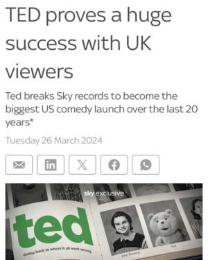 Seth MacFarlane Instagram - “Ted breaks Sky records to become the biggest US comedy launch over the last 20 years”! Thanks for watching, UK!! 🇬🇧 @fuzzydoor @peacock