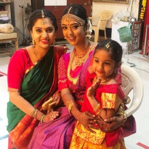 Shanthi Krishna Instagram - The new wedding norm fashion, virtual best wishes and blessings, YouTube live streaming and zoom were all part of my nephews wedding yesterday....,
1. Pandemic time wedding fashion norm - my daughter and myself 😀
2. How it was in 2019 B.C(before corona)🤨😬
3. My charming nephew Prashant getting ready to start his Grihasthashrama journey 🥳
4. The pretty bride Sneha with her older sis n daughter 😍
5. The wedding rituals being performed by my brother n sis in law 👏🥰
6. A candid selfie moment with my lovely daughter and niece in laws 😘😘
7. My handsome nephews Siddharth n Prashant 😍
8. The virtual blessings from my father and mother 👍🙏🥰
9. A best wishes song dedication to the newly weds virtually from New York by my charming son.,
10. Finally the beautiful couple... God bless them with lots of happiness and love.., Please shower your best wishes and blessings too on them. Thank you 🙏😍😍